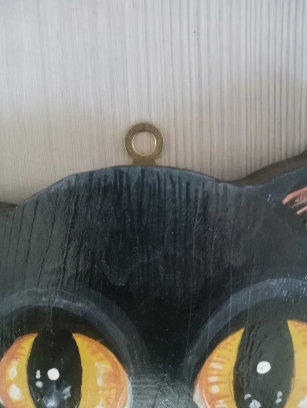 Wooden Laughing Black Cat Head Decorative Wall Plaque with Blue Check Bow